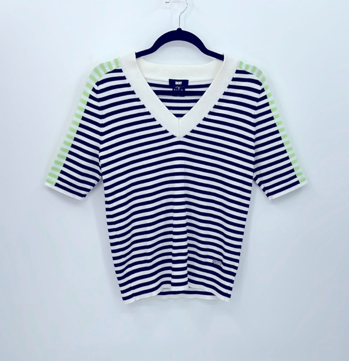 DKNY Stripe V-Neck Short Sleeve Sweater