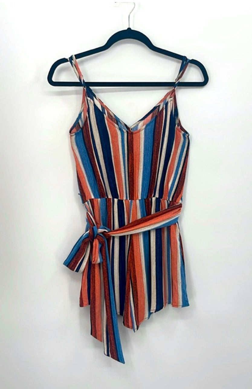 Lulu’s Angelene Blue and Orange Striped Sleeveless Romper