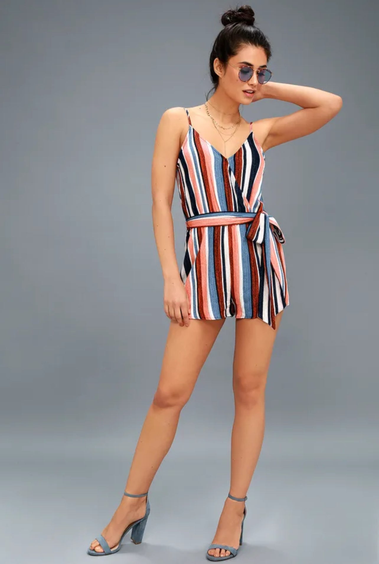 Lulu’s Angelene Blue and Orange Striped Sleeveless Romper