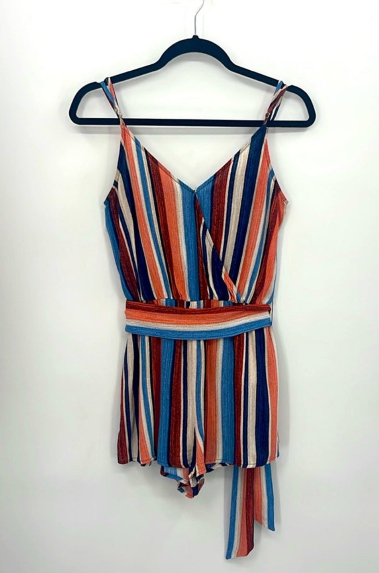 Lulu’s Angelene Blue and Orange Striped Sleeveless Romper