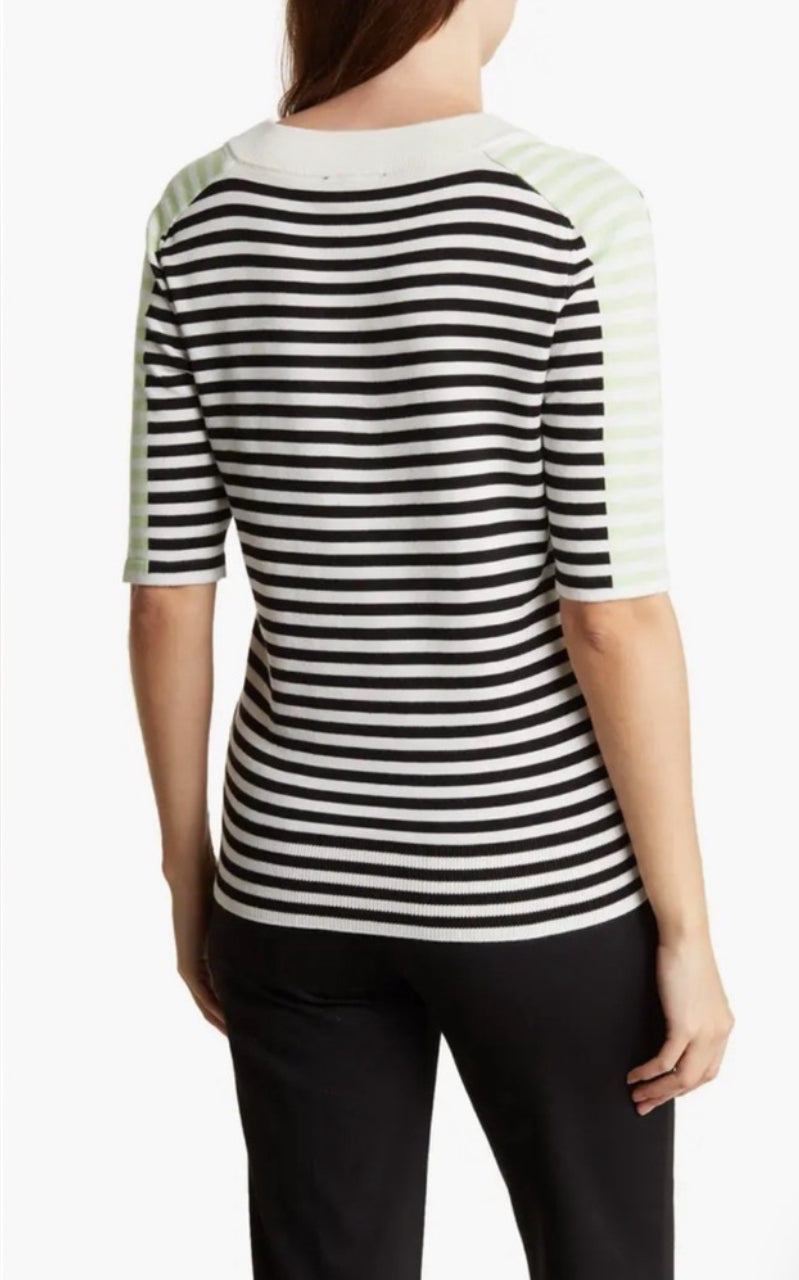 DKNY Stripe V-Neck Short Sleeve Sweater