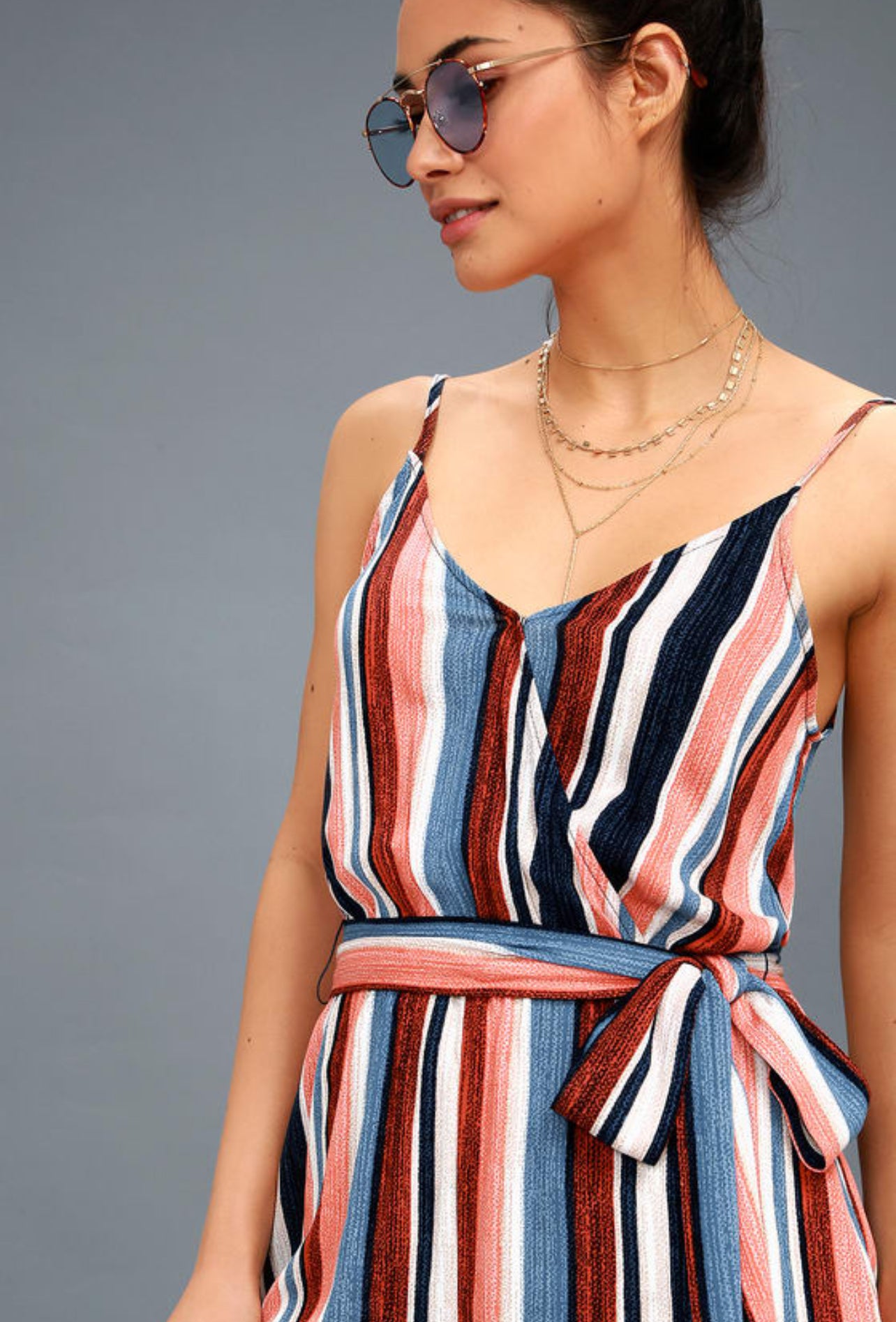 Lulu’s Angelene Blue and Orange Striped Sleeveless Romper