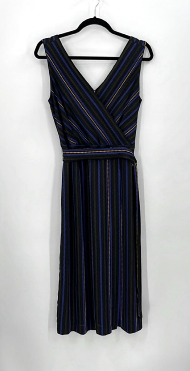 TAHARI Striped Sleeveless Midi Faux Wrap Dress