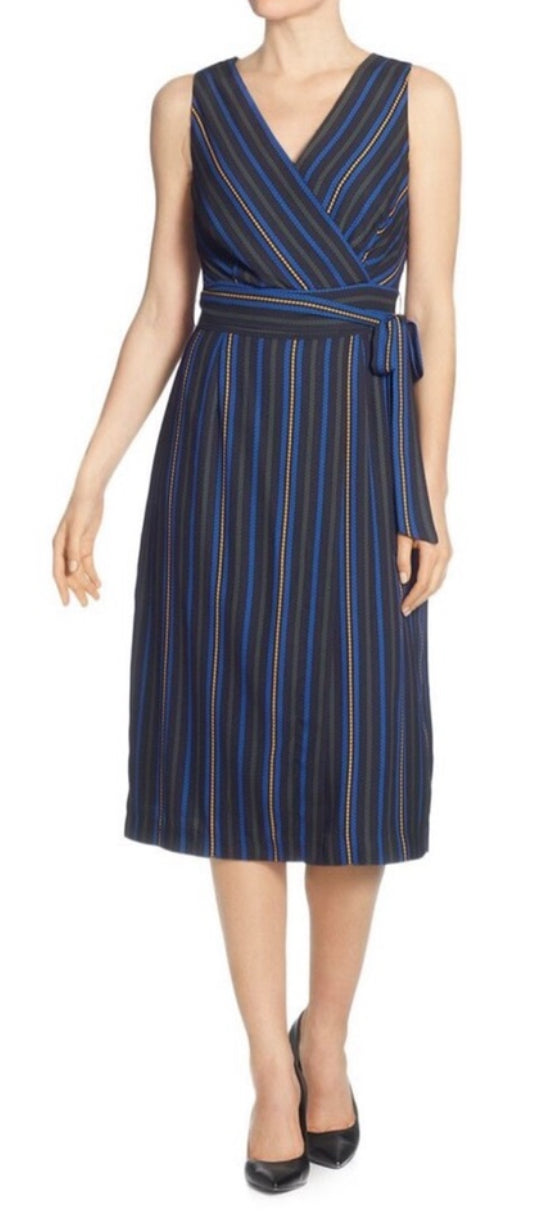 TAHARI Striped Sleeveless Midi Faux Wrap Dress