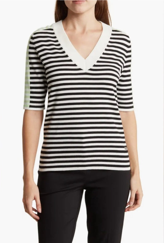 DKNY Stripe V-Neck Short Sleeve Sweater