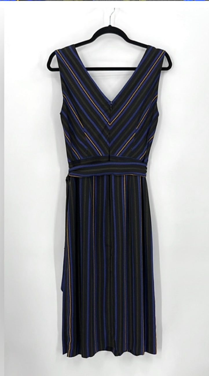 TAHARI Striped Sleeveless Midi Faux Wrap Dress