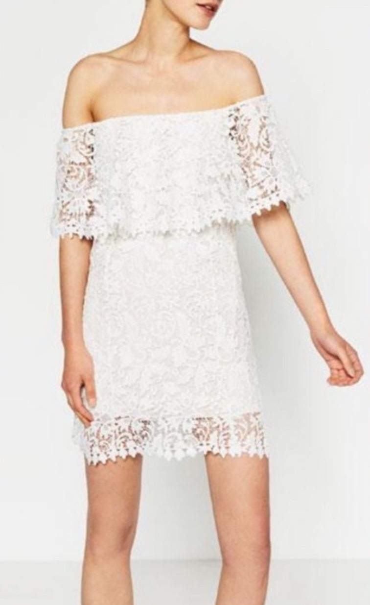 ZARA Guipure Lace Off Shoulder Mini Dress