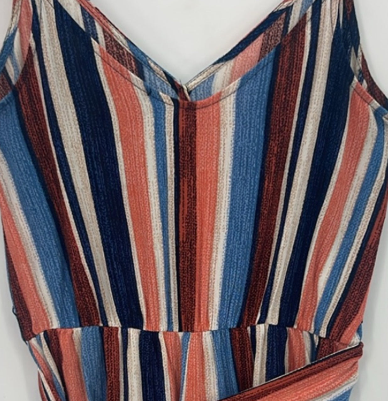 Lulu’s Angelene Blue and Orange Striped Sleeveless Romper