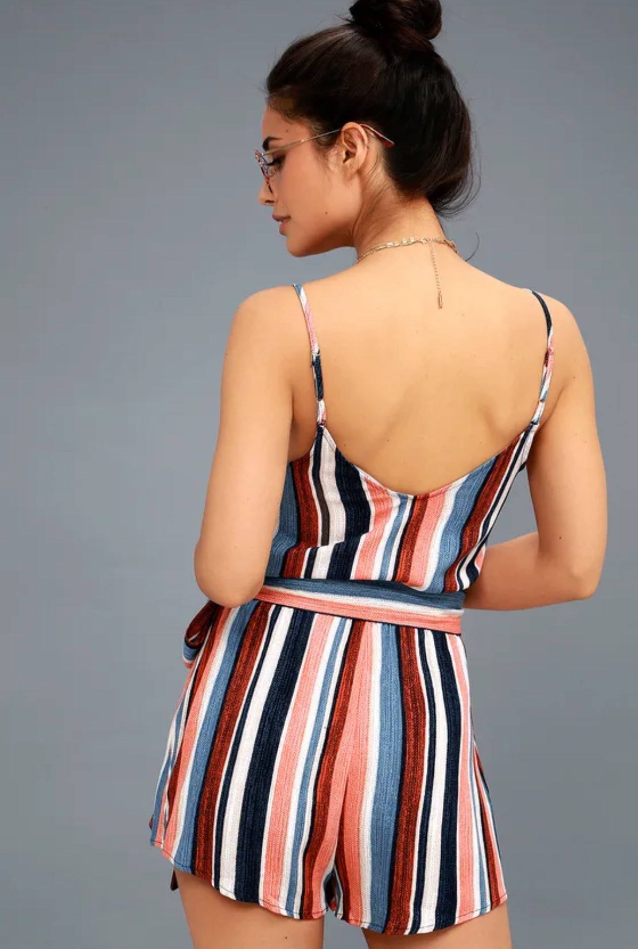 Lulu’s Angelene Blue and Orange Striped Sleeveless Romper