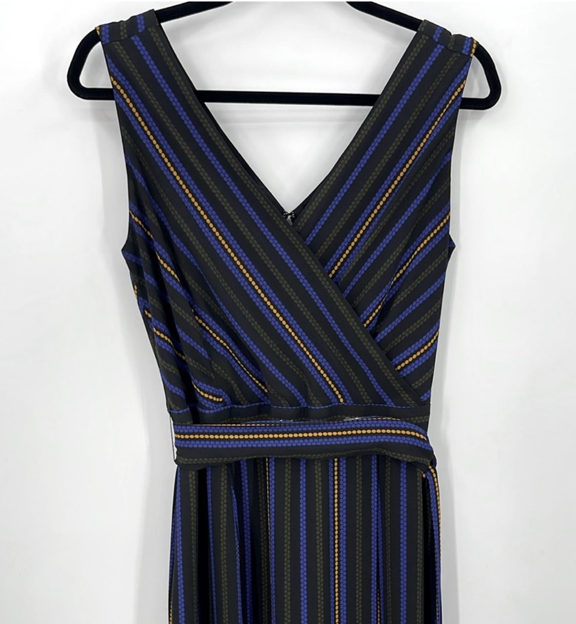 TAHARI Striped Sleeveless Midi Faux Wrap Dress