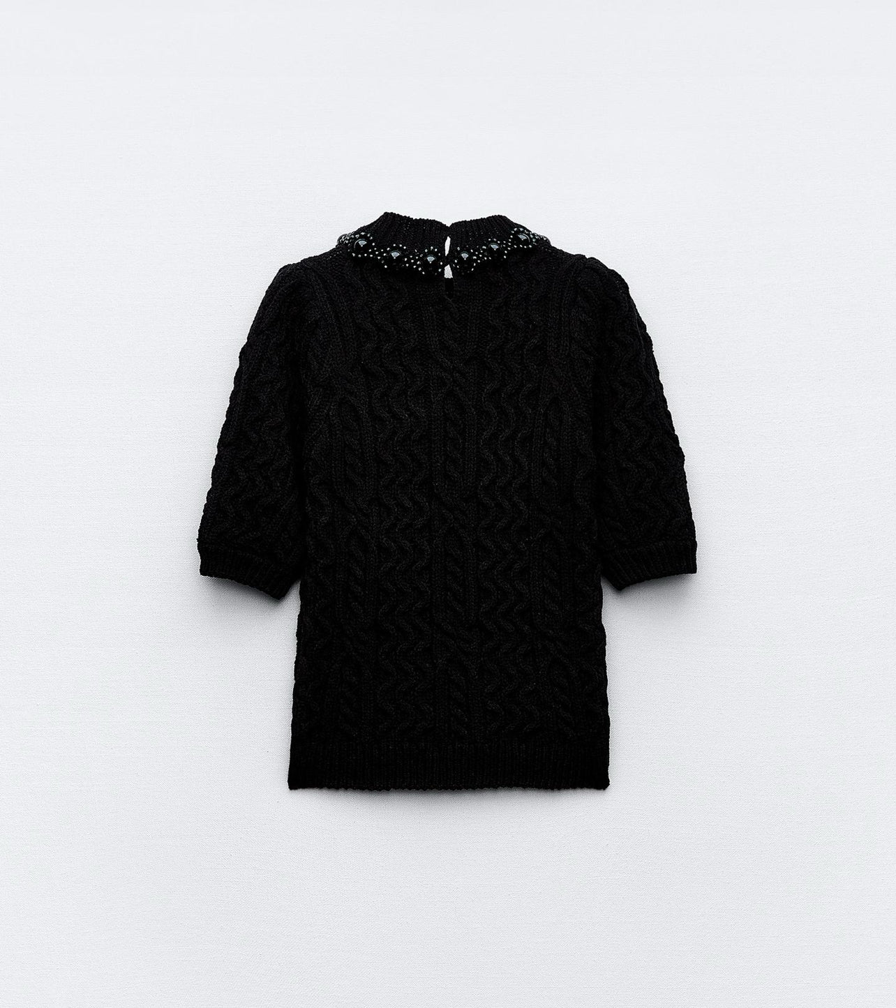 ZARA High Collar Cable Knit Sweater With Tonal Beads And Shorts Sleeves