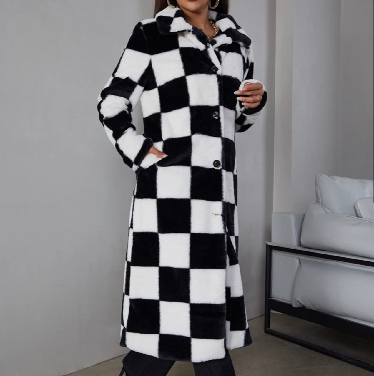 Eilly Bazar Faux Fur Checkered Coat