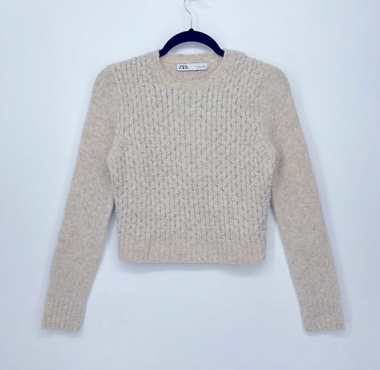 Zara Pearl Embellished Wool Blend Sweater