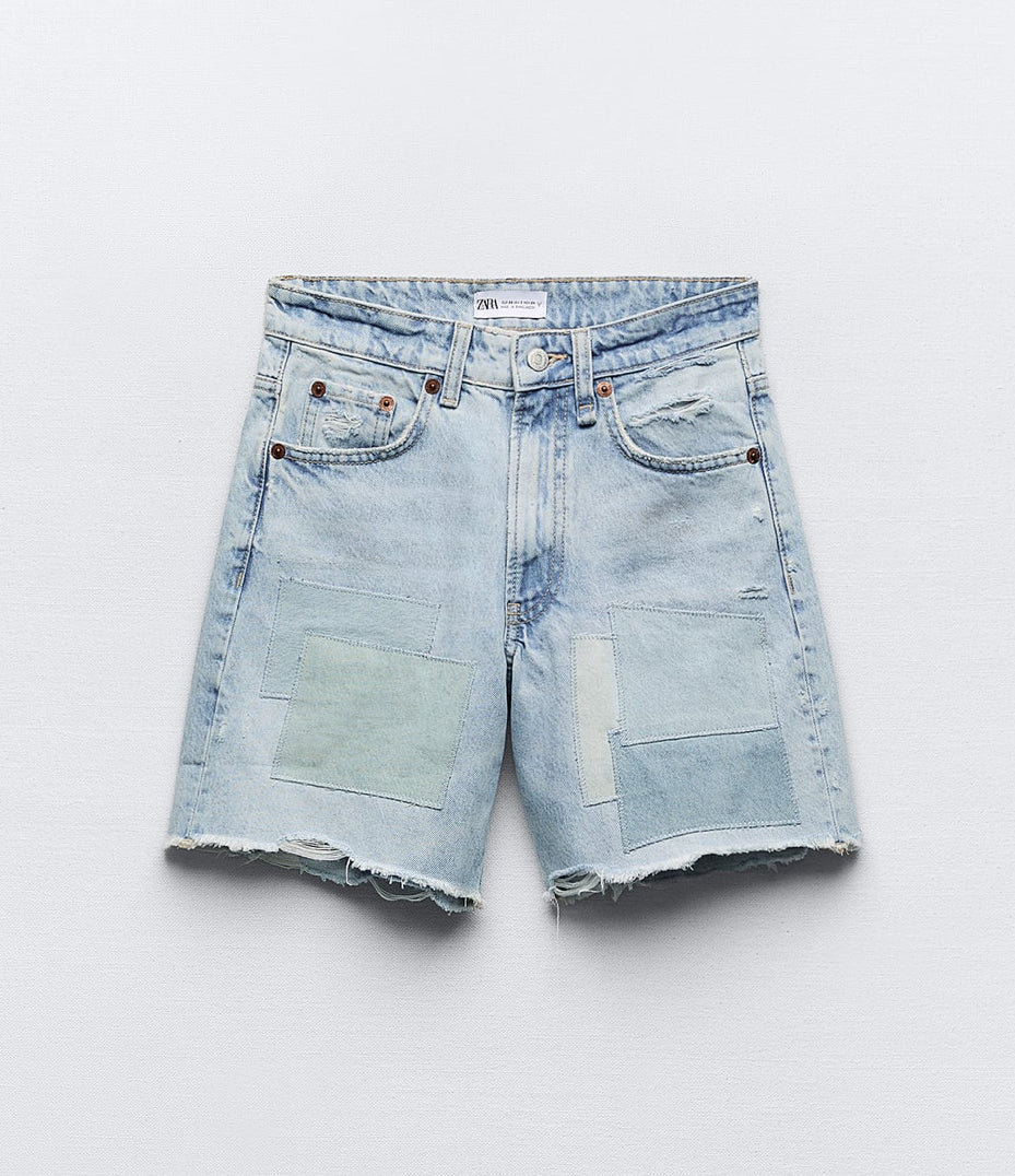 Zara TRF Mid-Rise Denim Patch Shorts