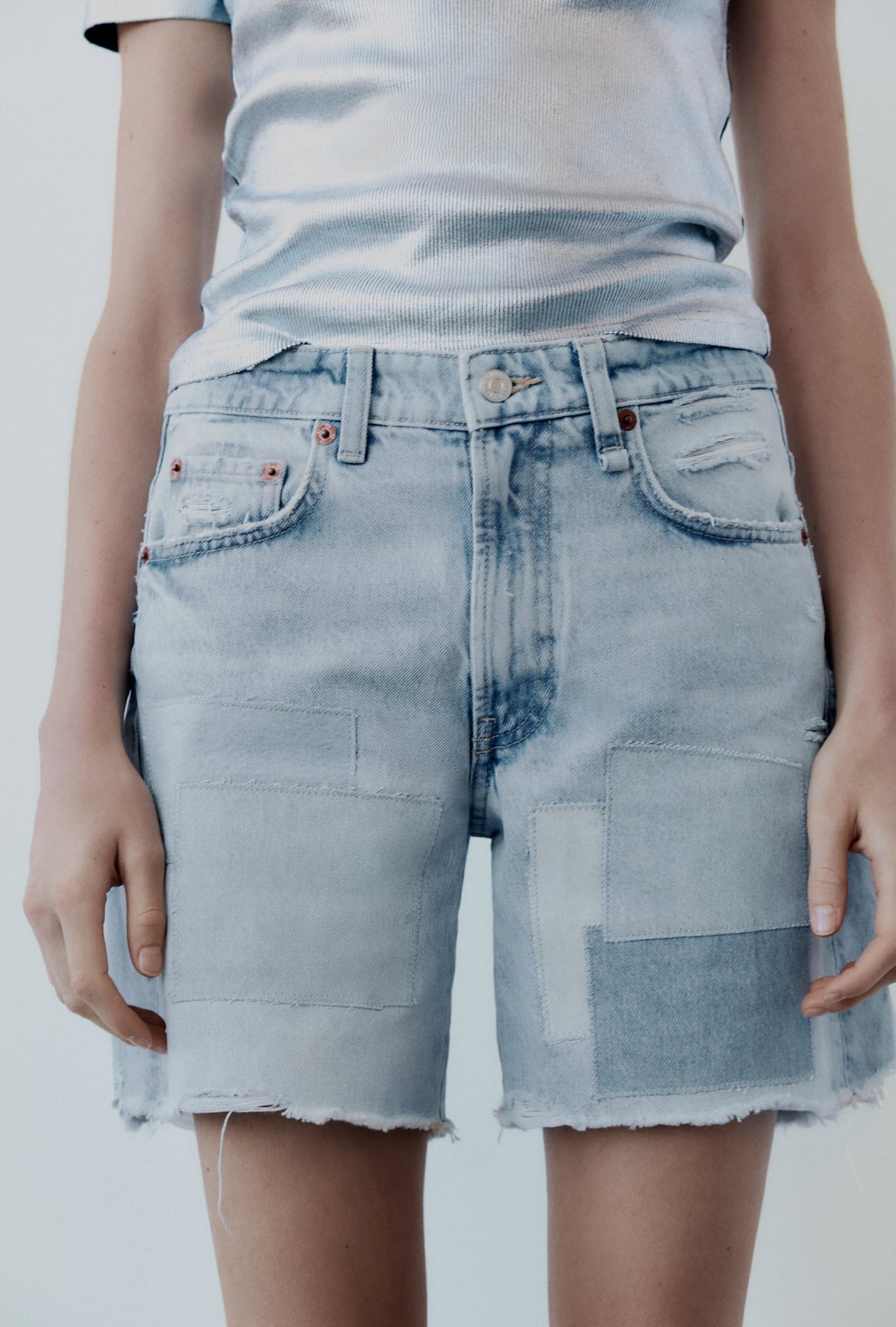 Zara TRF Mid-Rise Denim Patch Shorts